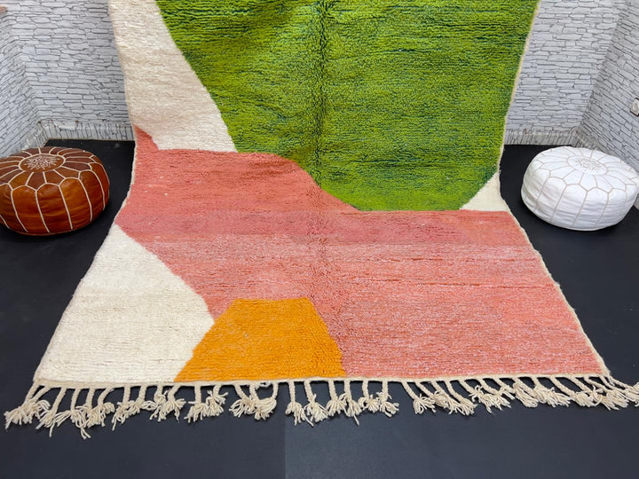 Green and pink abstract Moroccan wool rug with handmade Berber design and bold color blocks