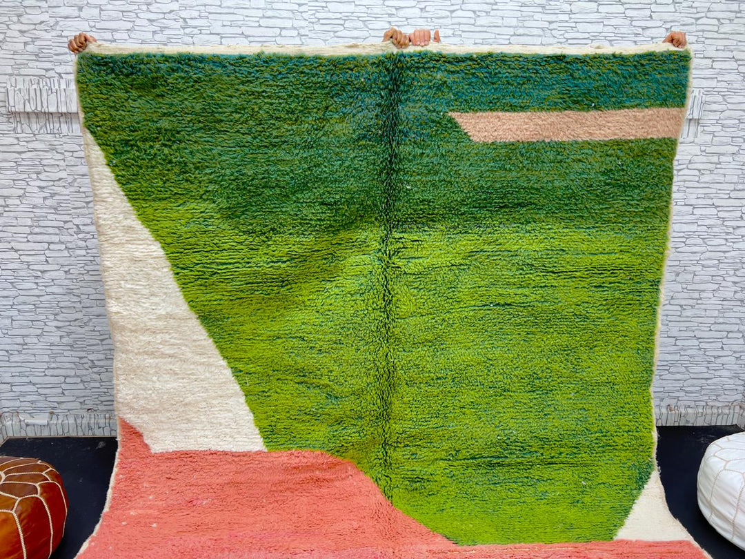 Green and pink abstract Moroccan wool rug with handmade Berber design and bold color blocks
