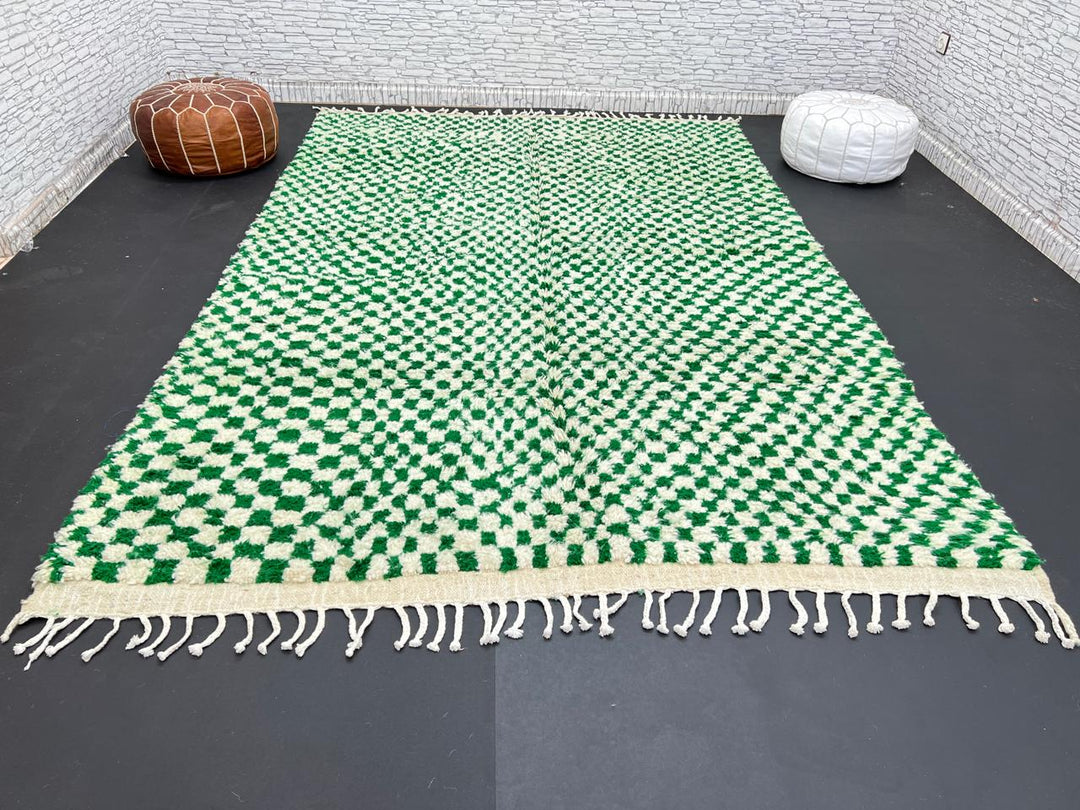 Green and white checkerboard Moroccan wool rug with handmade Berber design