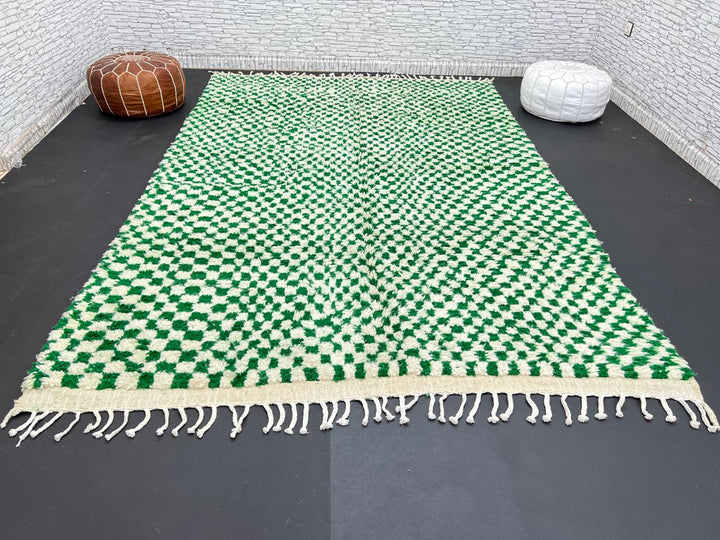 Green and white checkerboard Moroccan wool rug with handmade Berber design