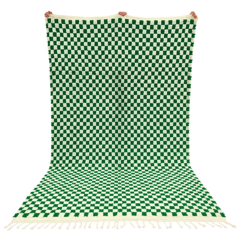 Green and white checkerboard Moroccan wool rug with handmade Berber design