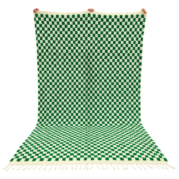 Green and white checkerboard Moroccan wool rug with handmade Berber design