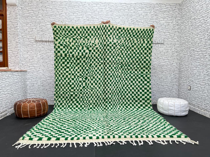 Green and white checkerboard Moroccan wool rug with handmade Berber design