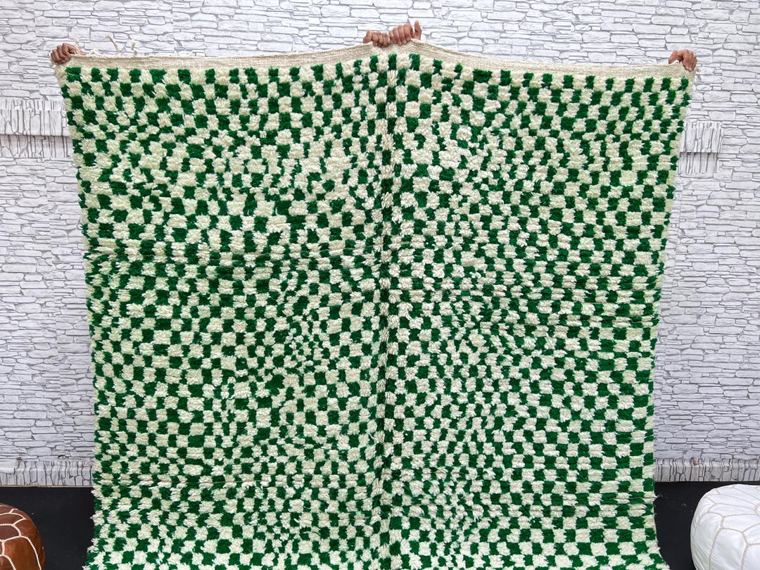 Green and white checkerboard Moroccan wool rug with handmade Berber design