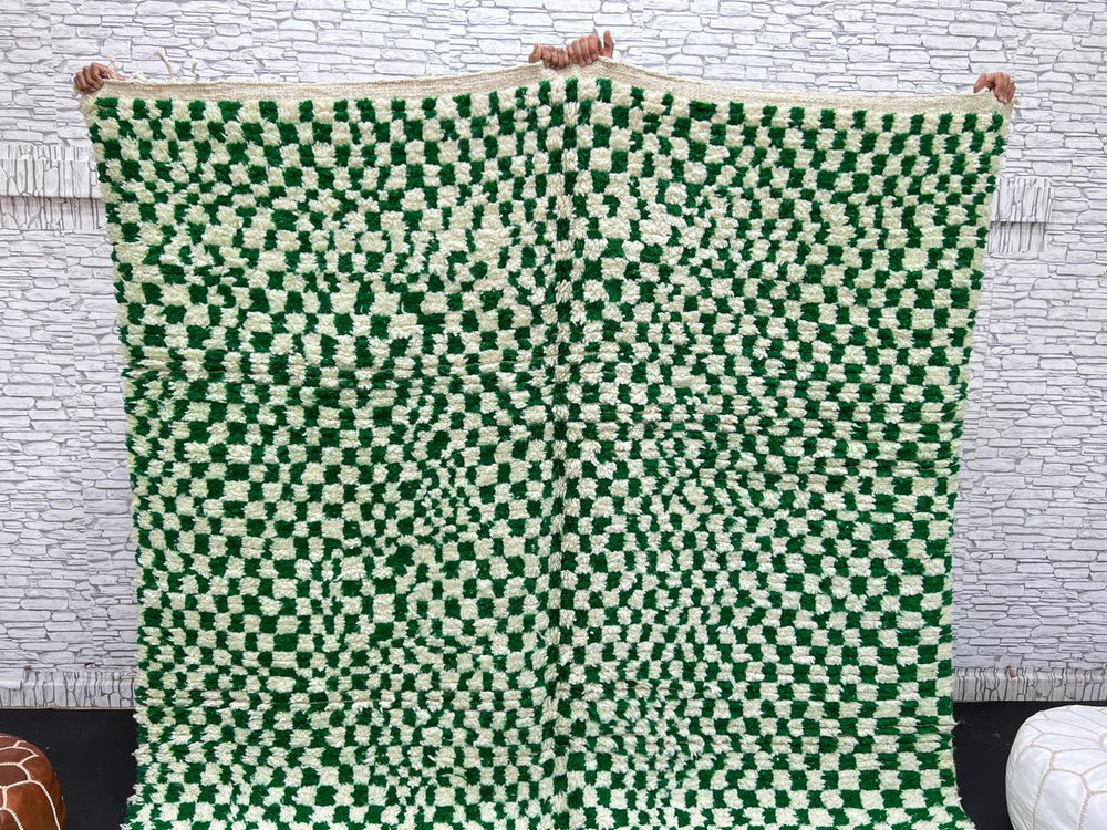 Green and white checkerboard Moroccan wool rug with handmade Berber design