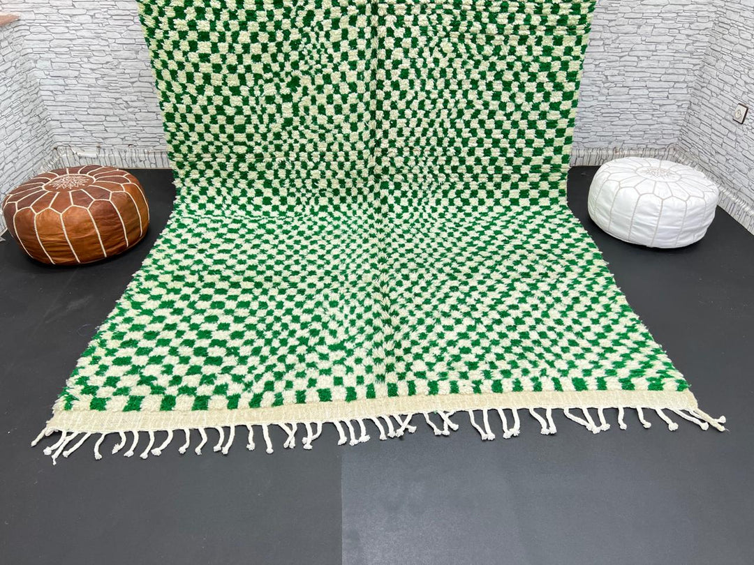 Green and white checkerboard Moroccan wool rug with handmade Berber design