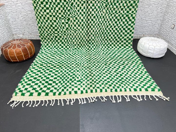 Green and white checkerboard Moroccan wool rug with handmade Berber design