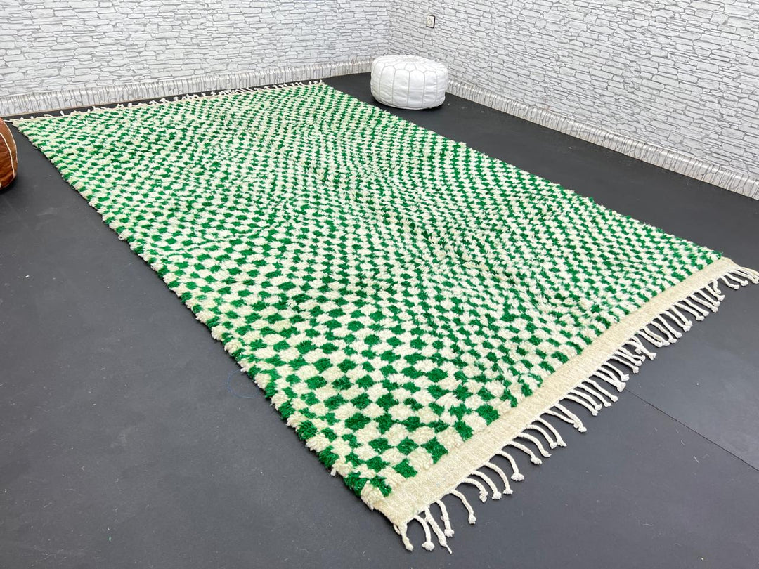 Green and white checkerboard Moroccan wool rug with handmade Berber design