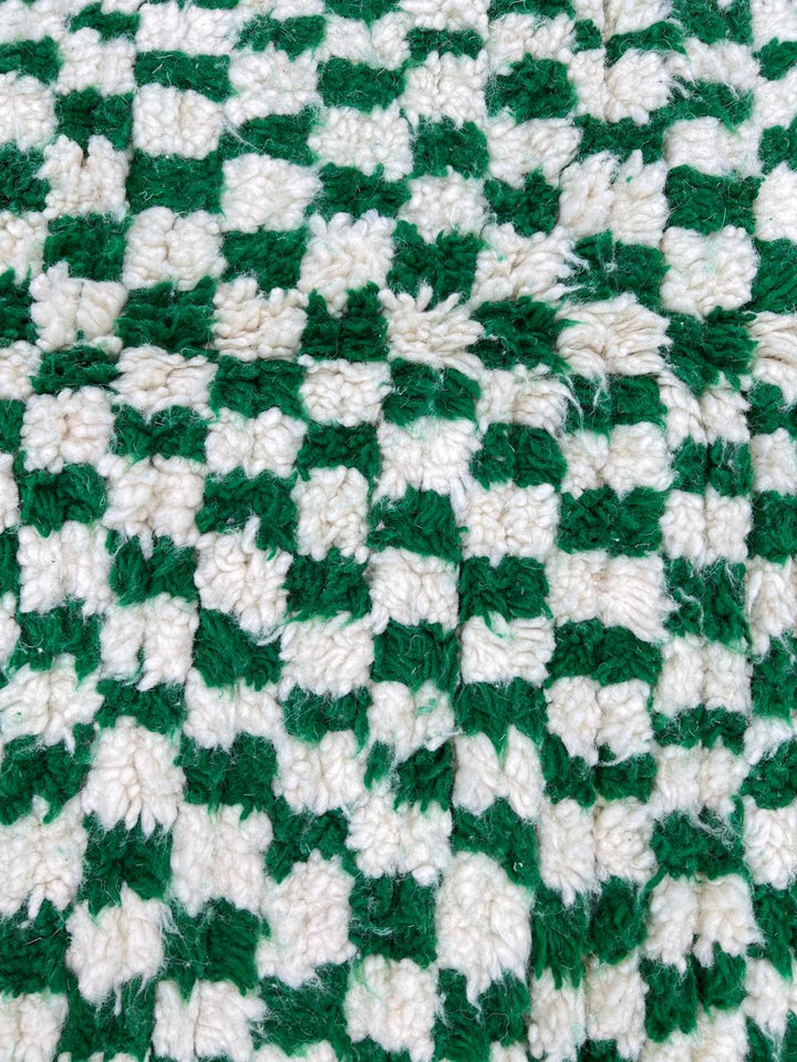 Green and white checkerboard Moroccan wool rug with handmade Berber design