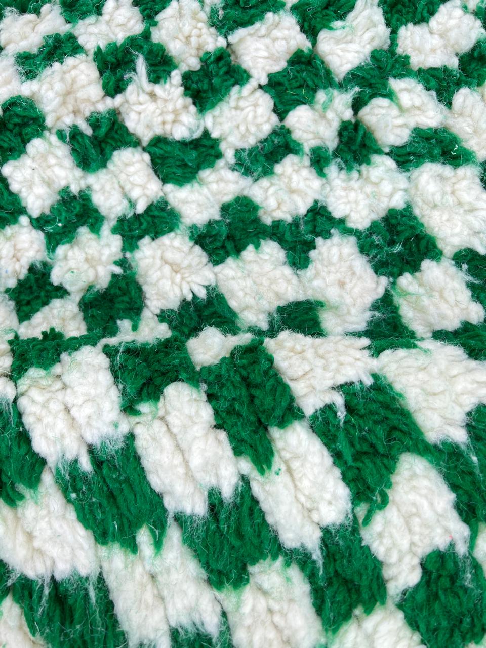 Green and white checkerboard Moroccan wool rug with handmade Berber design
