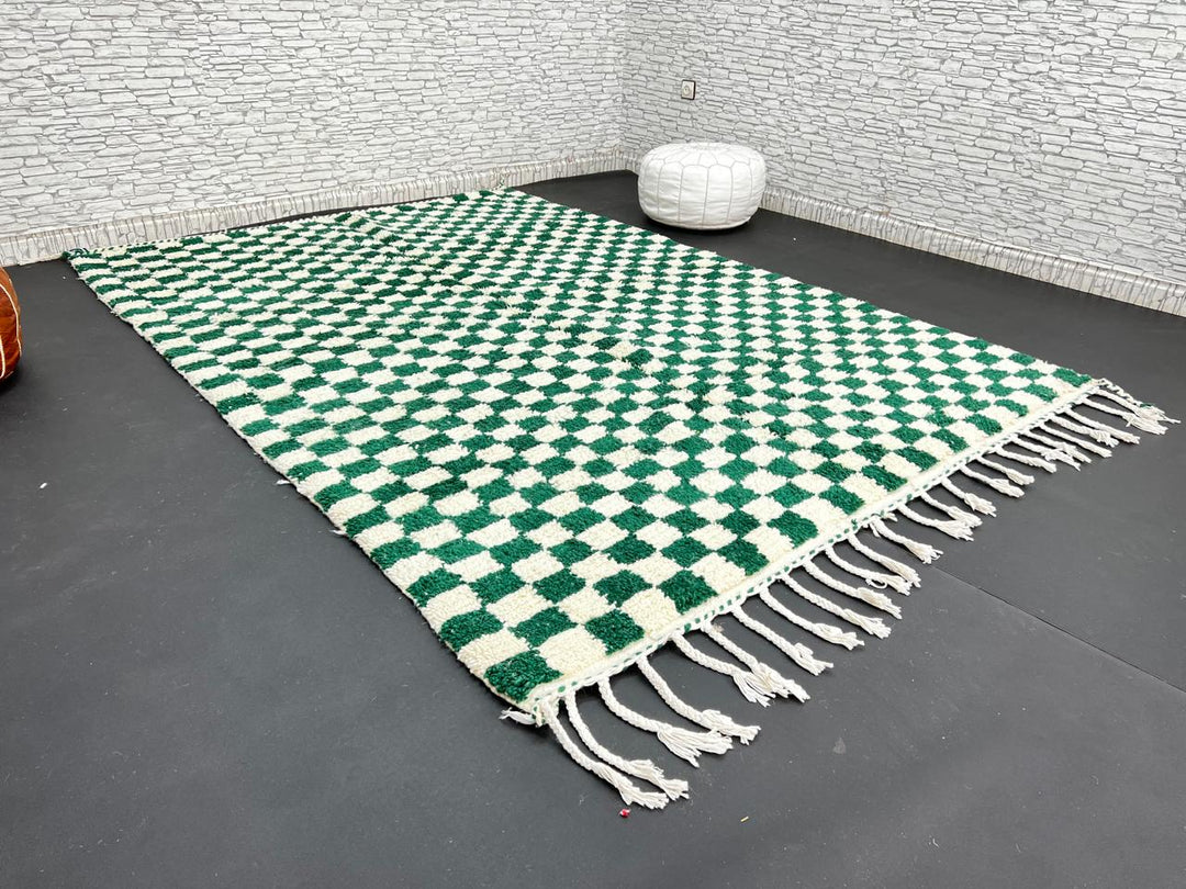 Green and white Moroccan checkered wool rug, handmade by Berber artisans in the Atlas Mountains