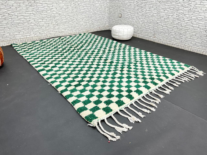 Green and white Moroccan checkered wool rug, handmade by Berber artisans in the Atlas Mountains