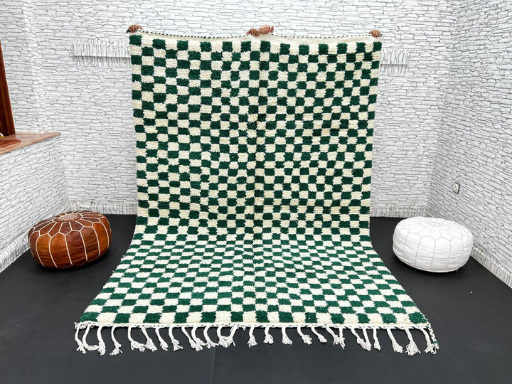 Green and white Moroccan checkered wool rug, handmade by Berber artisans in the Atlas Mountains