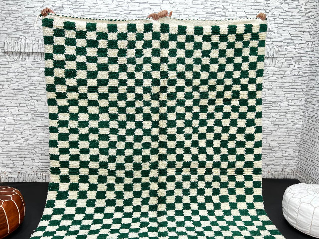 Green and white Moroccan checkered wool rug, handmade by Berber artisans in the Atlas Mountains