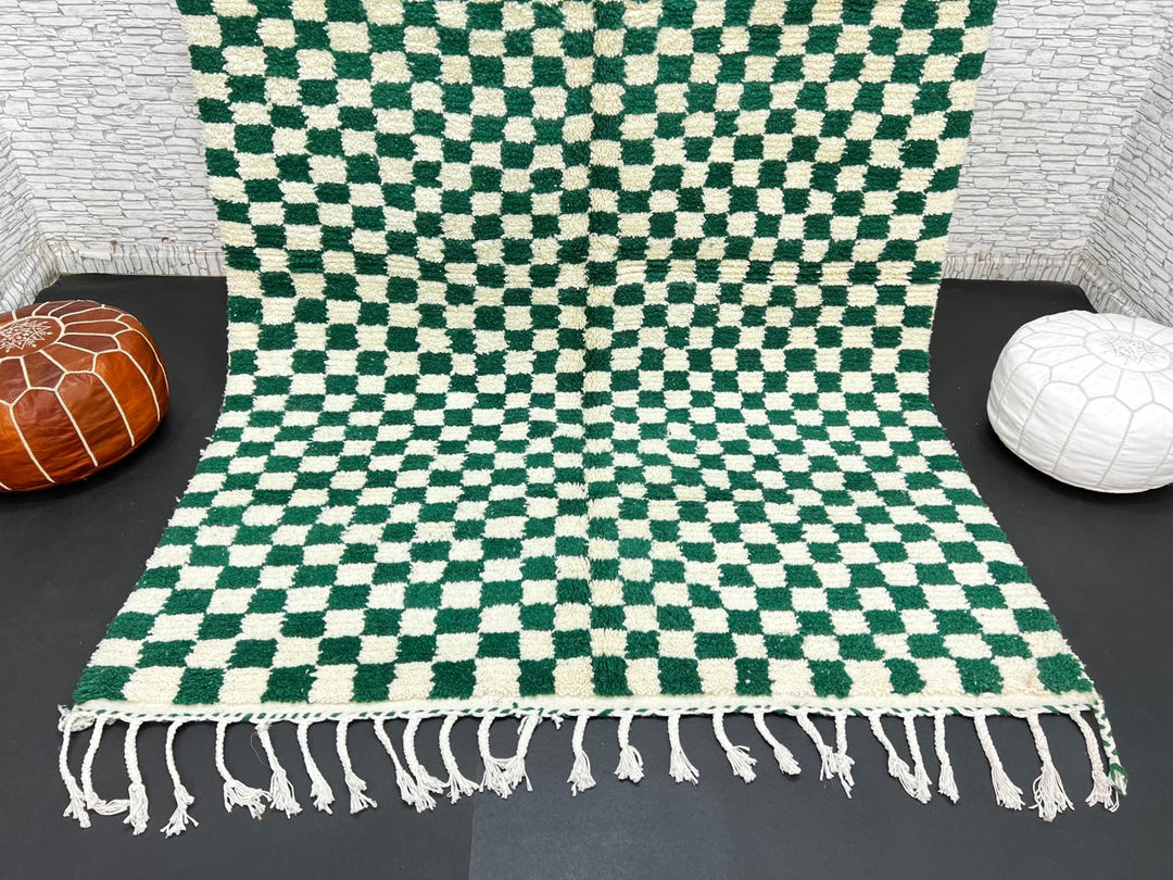Green and white Moroccan checkered wool rug, handmade by Berber artisans in the Atlas Mountains