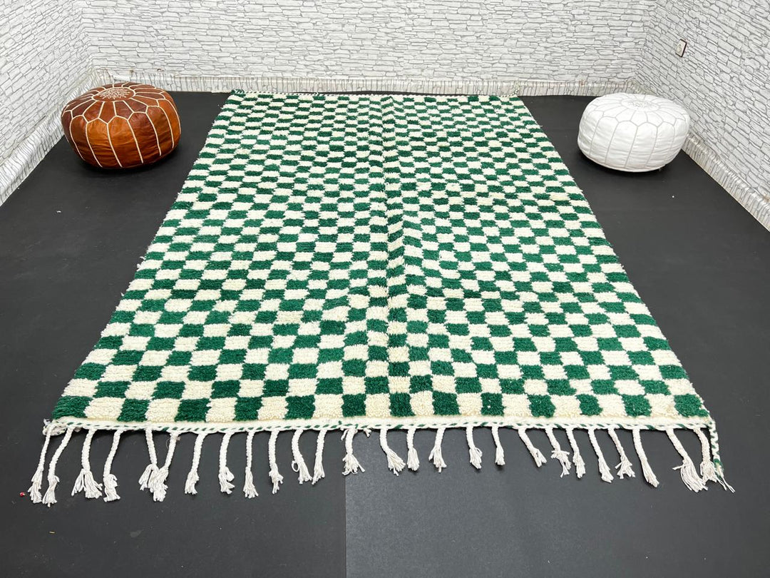 Green and white Moroccan checkered wool rug, handmade by Berber artisans in the Atlas Mountains