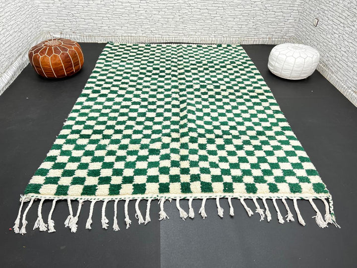 Green and white Moroccan checkered wool rug, handmade by Berber artisans in the Atlas Mountains