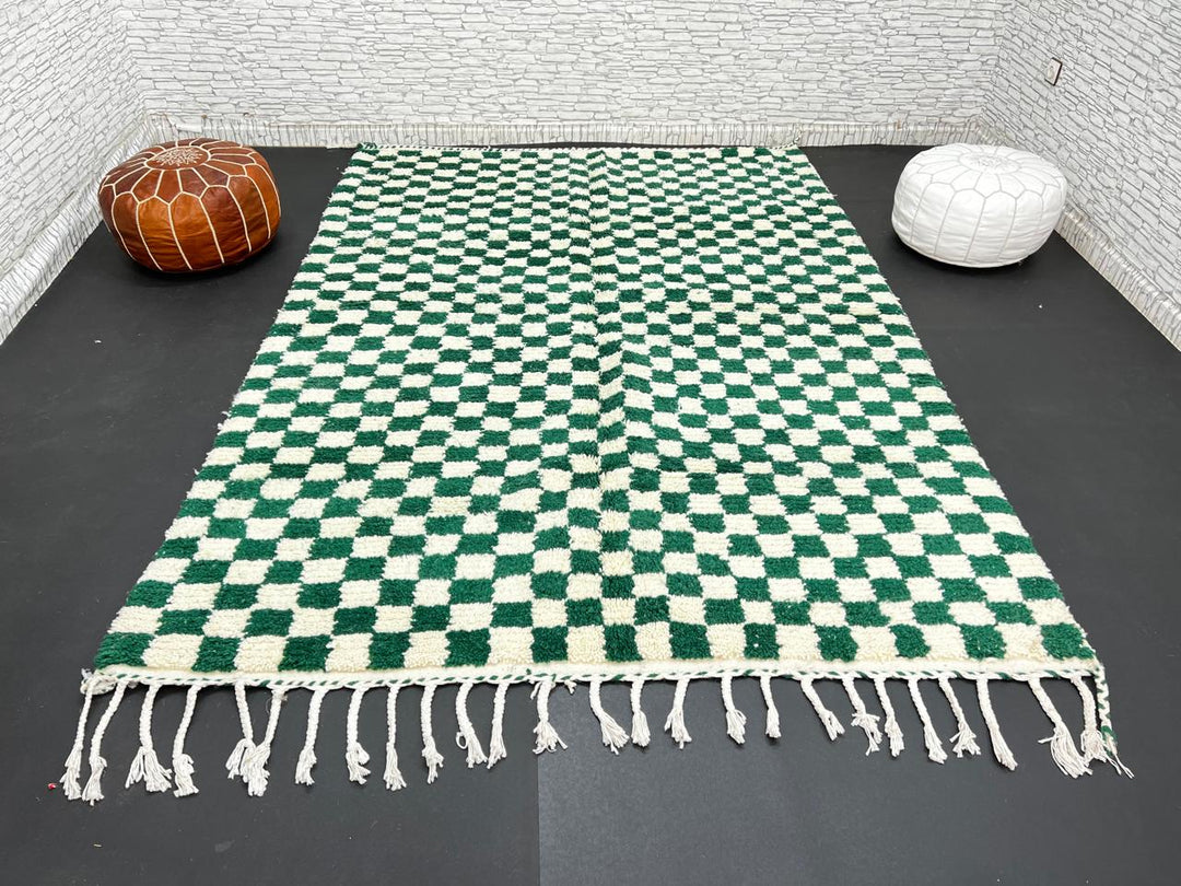 Green and white Moroccan checkered wool rug, handmade by Berber artisans in the Atlas Mountains