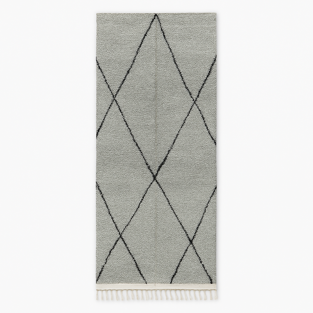 Handmade grey Moroccan wool runner rug with black diamond Beni Ourain pattern