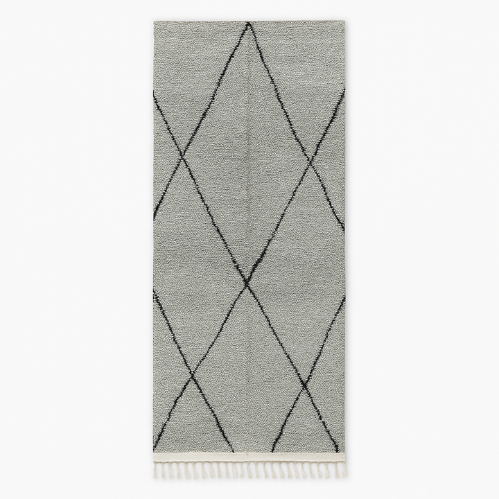Handmade grey Moroccan wool runner rug with black diamond Beni Ourain pattern