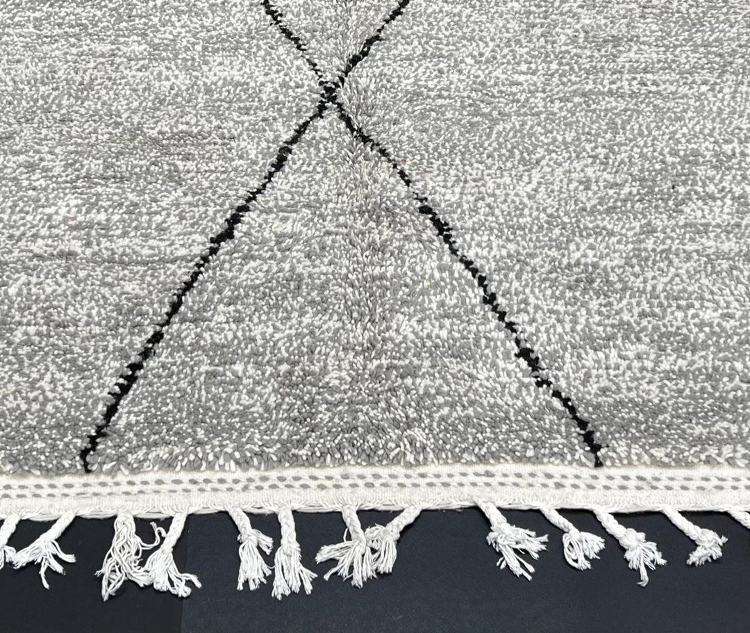 Handmade grey Moroccan wool runner rug with black diamond Beni Ourain pattern