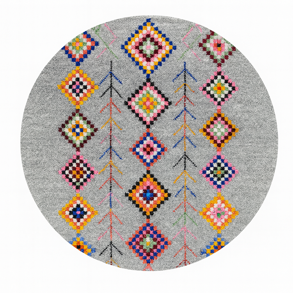 Round grey Moroccan wool rug with colorful Berber diamond motifs and tribal geometric patterns.