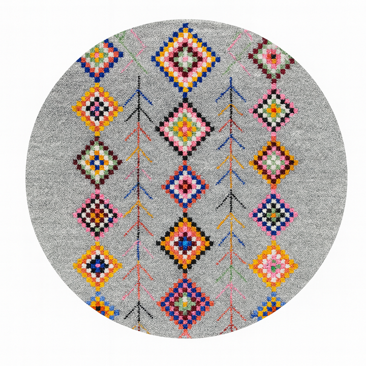 Round grey Moroccan wool rug with colorful Berber diamond motifs and tribal geometric patterns.