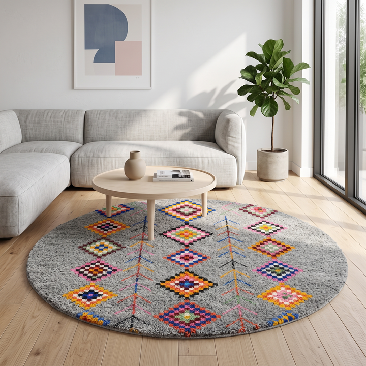 Round grey Moroccan wool rug with colorful Berber diamond motifs and tribal geometric patterns.