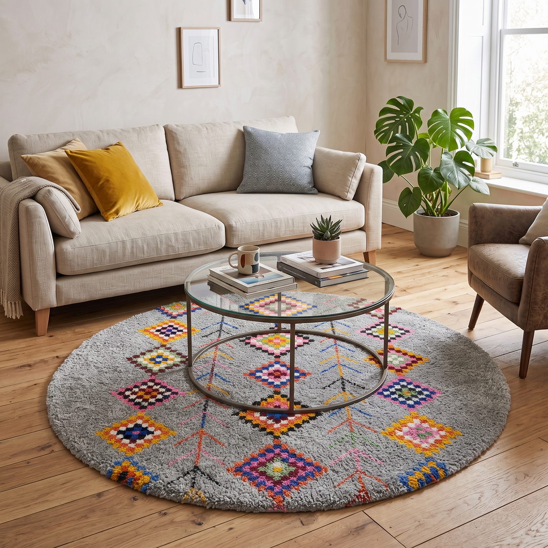 Round grey Moroccan wool rug with colorful Berber diamond motifs and tribal geometric patterns.