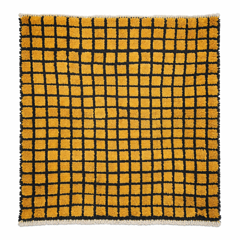 Handmade Moroccan wool rug with bold yellow and black grid design. Soft plush texture, modern style, and ethically crafted in Morocco.
