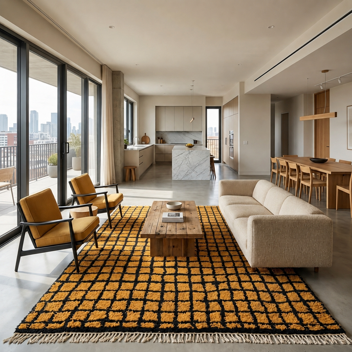 Handmade Moroccan wool rug with bold yellow and black grid design. Soft plush texture, modern style, and ethically crafted in Morocco.