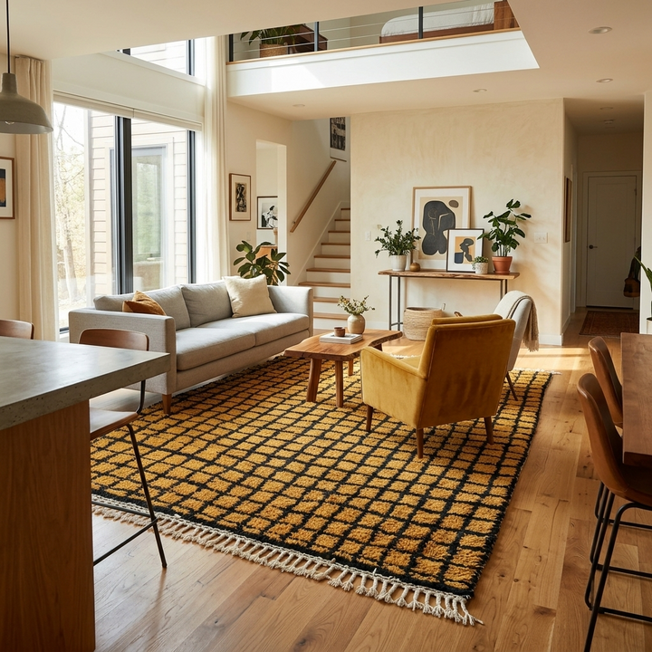 Handmade Moroccan wool rug with bold yellow and black grid design. Soft plush texture, modern style, and ethically crafted in Morocco.