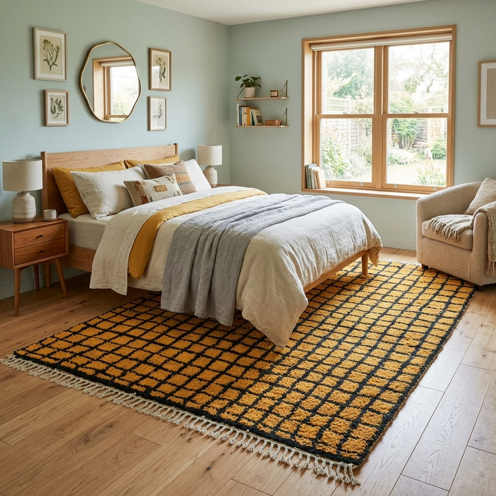 Handmade Moroccan wool rug with bold yellow and black grid design. Soft plush texture, modern style, and ethically crafted in Morocco.