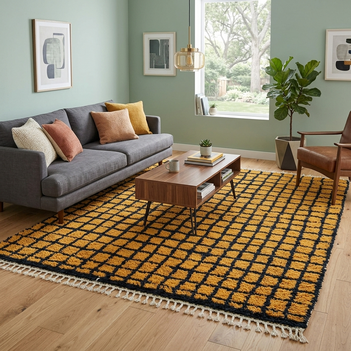 Handmade Moroccan wool rug with bold yellow and black grid design. Soft plush texture, modern style, and ethically crafted in Morocco.