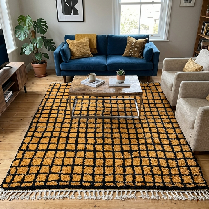 Handmade Moroccan wool rug with bold yellow and black grid design. Soft plush texture, modern style, and ethically crafted in Morocco.