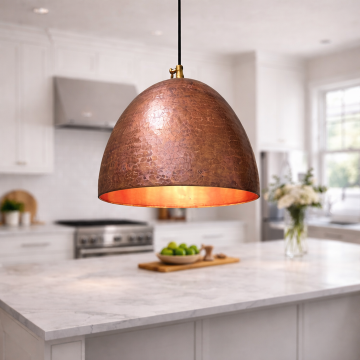 Hammered Copper Dome Pendant Light – Handmade Moroccan Kitchen Island Hanging Lamp