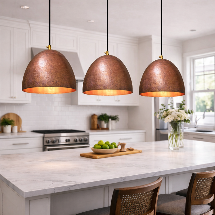 Hammered Copper Dome Pendant Light – Handmade Moroccan Kitchen Island Hanging Lamp
