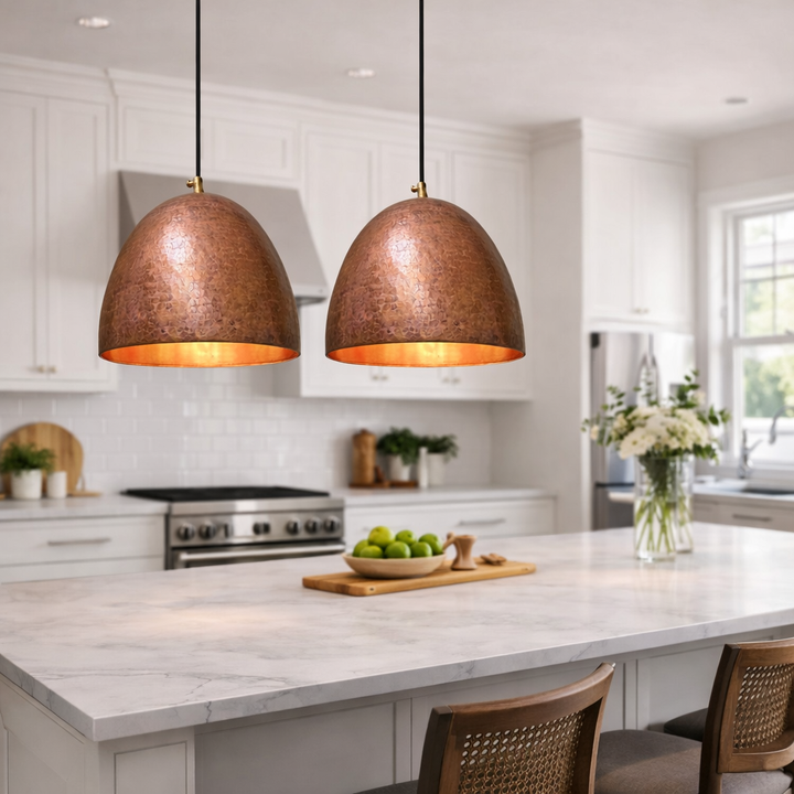 Hammered Copper Dome Pendant Light – Handmade Moroccan Kitchen Island Hanging Lamp