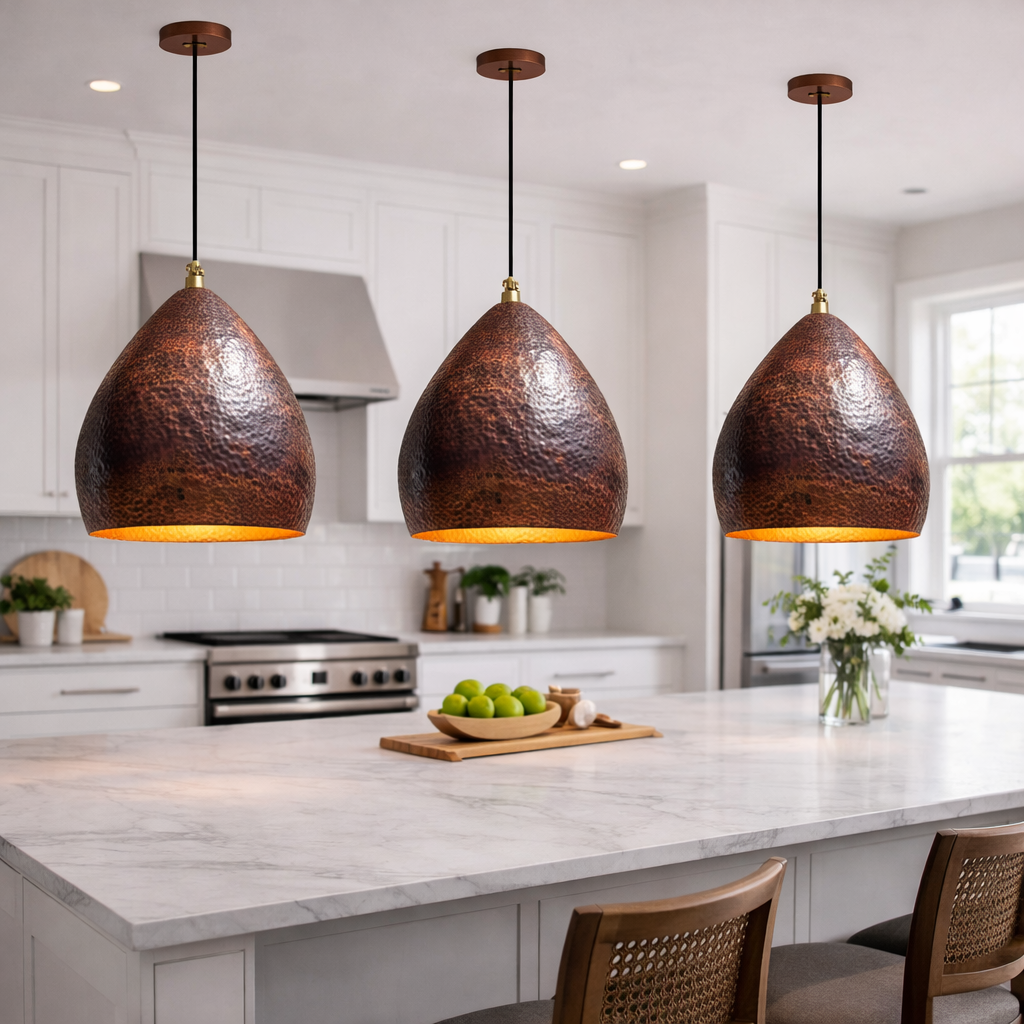 Hammered Copper Moroccan Pendant Light – Handmade Teardrop Kitchen Island Hanging Lamp