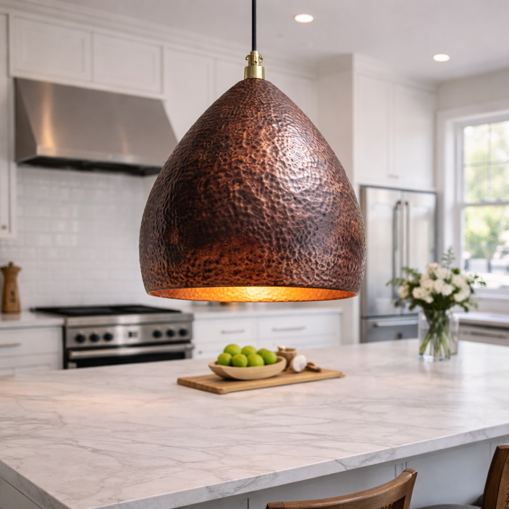Hammered Copper Moroccan Pendant Light – Handmade Teardrop Kitchen Island Hanging Lamp