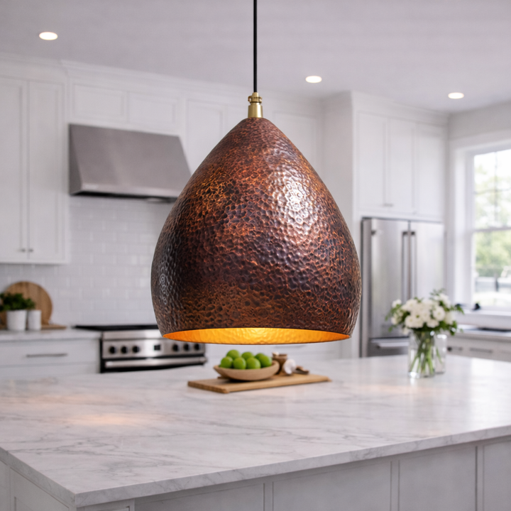 Hammered Copper Moroccan Pendant Light – Handmade Teardrop Kitchen Island Hanging Lamp