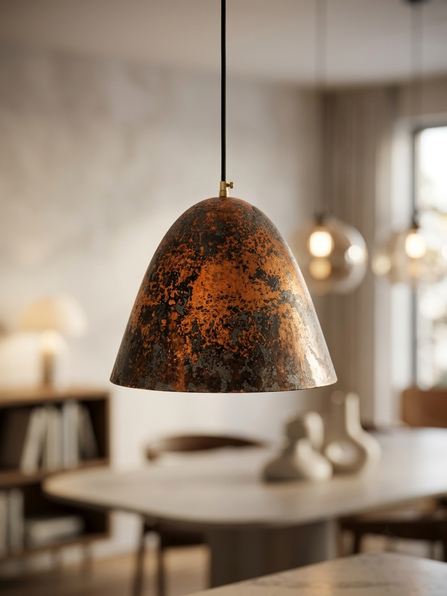 Handmade aged copper dome pendant light with a dark distressed patina in a modern industrial interior.