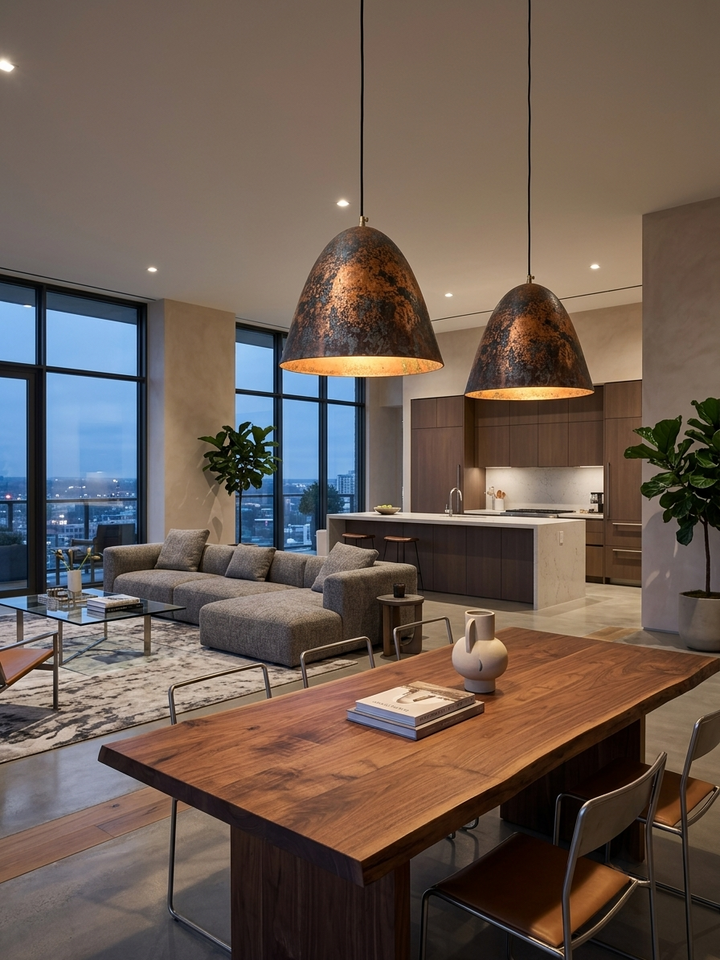 Handmade aged copper dome pendant light with a dark distressed patina in a modern industrial interior.