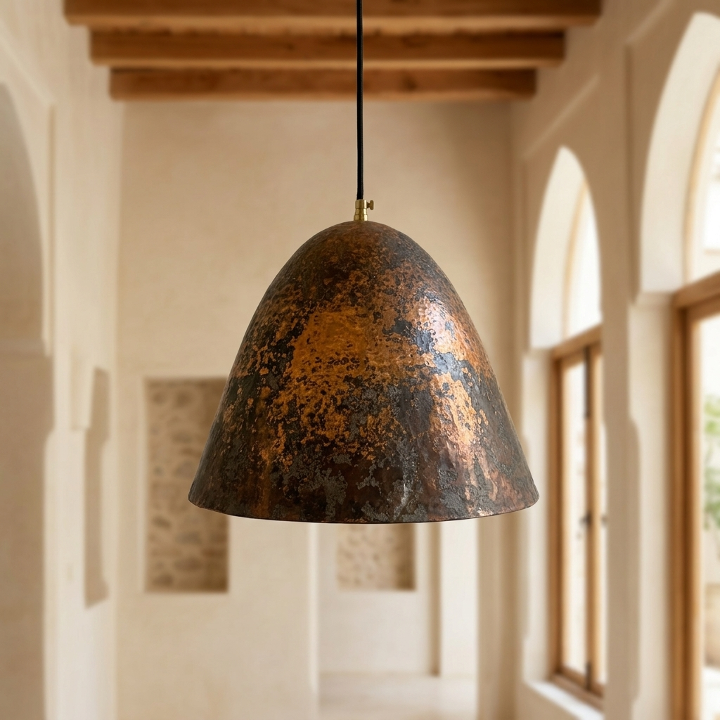 Handmade aged copper dome pendant light with a dark distressed patina in a modern industrial interior.