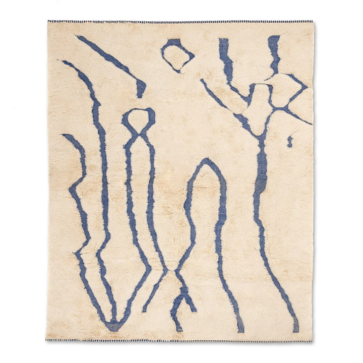 Handmade Beige Moroccan Rug with Abstract Blue Line Motifs