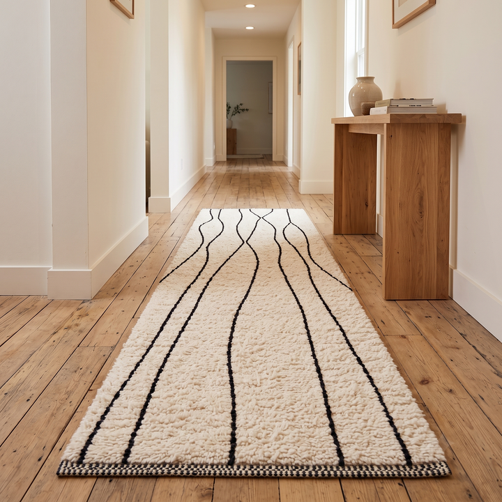 Handmade Moroccan wool runner rug in white with black abstract lines, minimalist design for hallway or entryway.