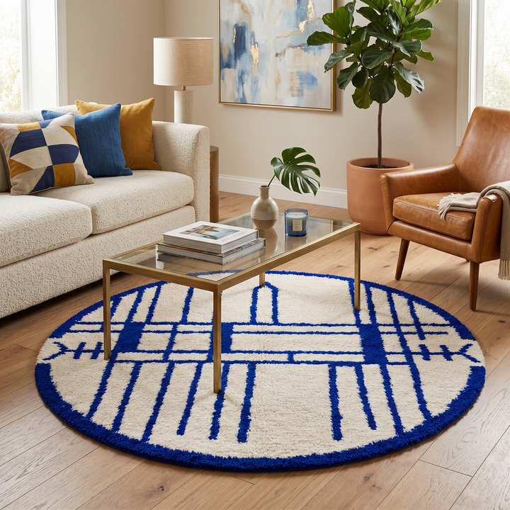 Handmade round Moroccan wool rug with blue Berber geometric pattern on ivory natural wool background