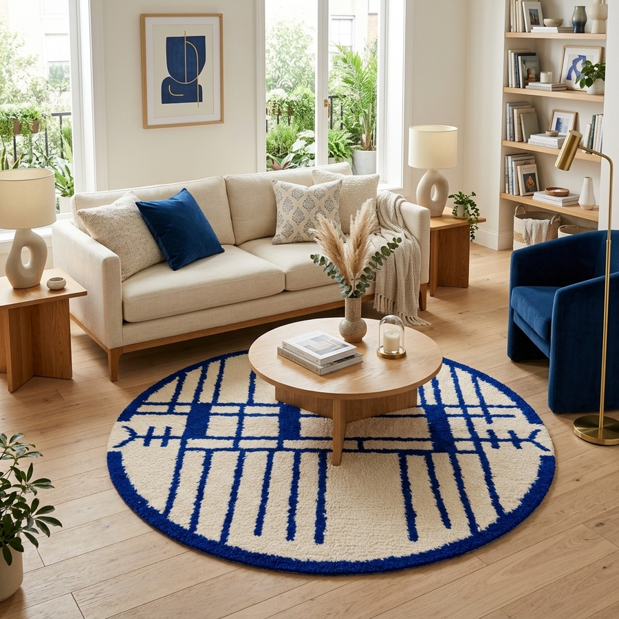 Handmade round Moroccan wool rug with blue Berber geometric pattern on ivory natural wool background