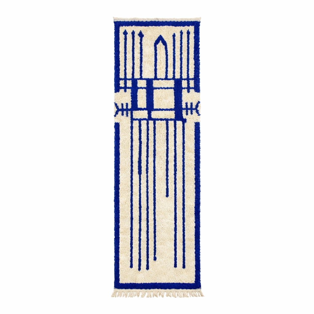 Handmade blue Moroccan Berber runner rug in wool with geometric pattern