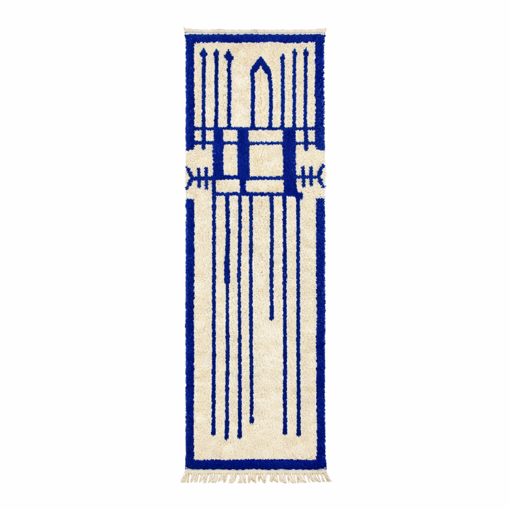 Handmade blue Moroccan Berber runner rug in wool with geometric pattern